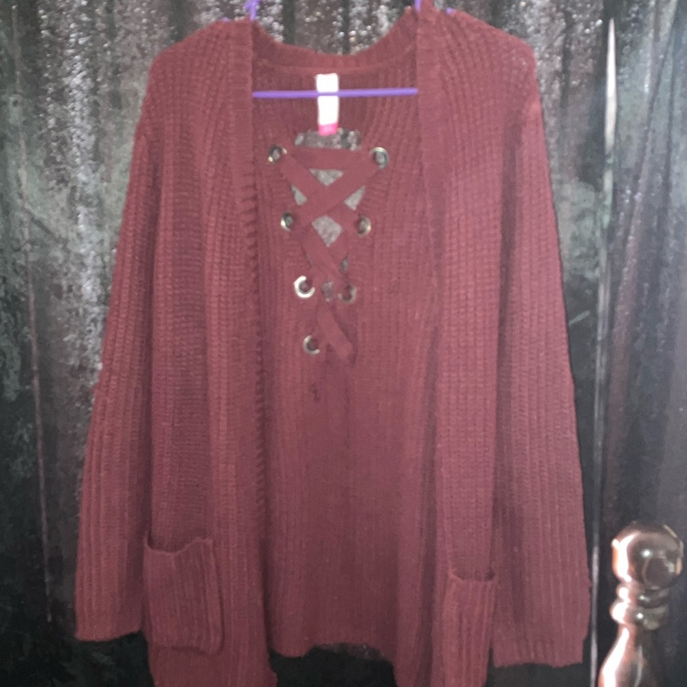 Rue21 Red Cardigan Sweater with Lace-Up Design